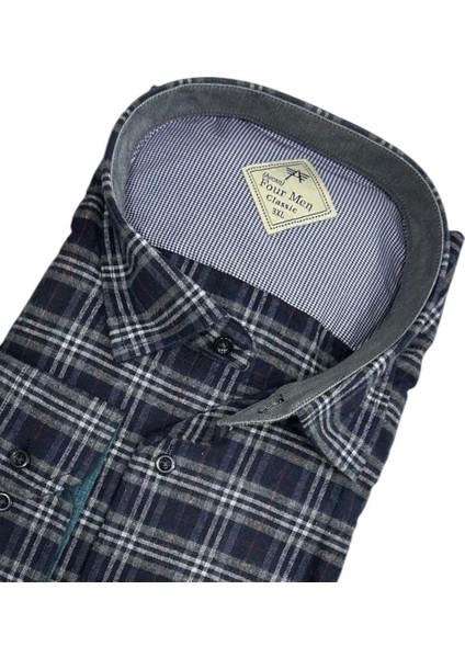 Klasik %100 Cotton Uzun Kollu Terletmeyen Kışlık Flanel Kumaş Pamuklu Lacivert Gömlek (Regular Kalıp)