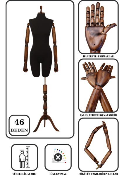 46 Beden Ahşap Kollu Pantolon Giyebilen Terzi Mankeni Vitrin Mankeni