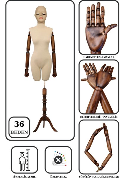 36 Beden Ahşap Kollu Pantolon Giyebilen Terzi Mankeni Vitrin Mankeni IST01