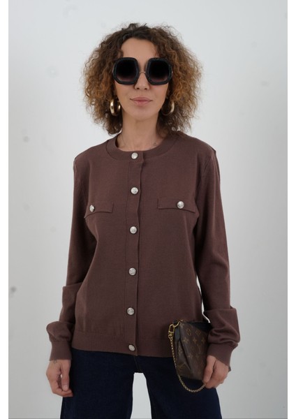 Kahve Flato Cepli Düğmeli Hırka