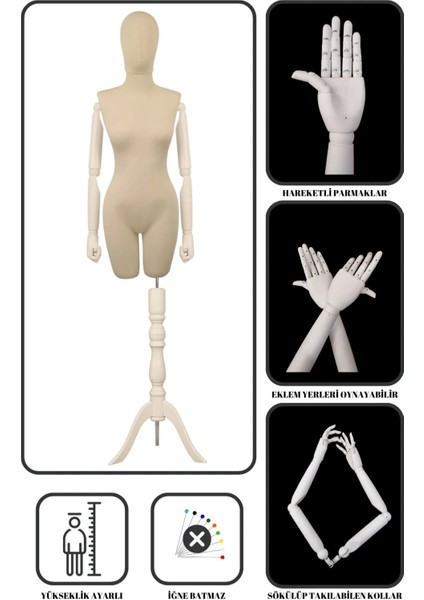 40 Beden Pinokyo Ahşap Kollu Kumaş Kafalı Vitrin Mankeni Terzi Mankeni