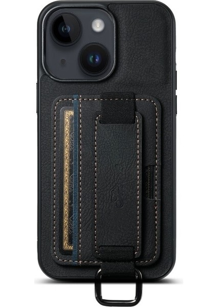 iPhone 14 Kılıf Kartlıklı El Standlı Pu Deri H13 Kapak