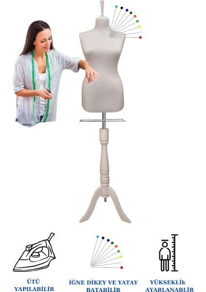 Sünger Iğne Batabilen 42 Beden Beyaz Kumaşlı Ahşap Beyaz Ayaklı Terzi Mankeni Prova Mankeni Po-01