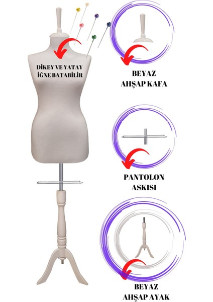 Sünger Iğne Batabilen 42 Beden Beyaz Kumaşlı Ahşap Beyaz Ayaklı Terzi Mankeni Prova Mankeni Po-01 fiyatları