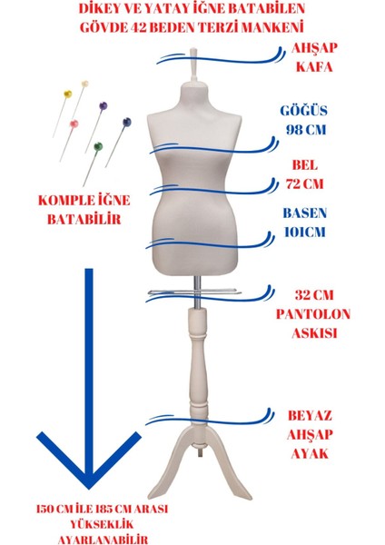 Sünger Iğne Batabilen 42 Beden Beyaz Kumaşlı Ahşap Beyaz Ayaklı Terzi Mankeni Prova Mankeni Po-01 fırsatları