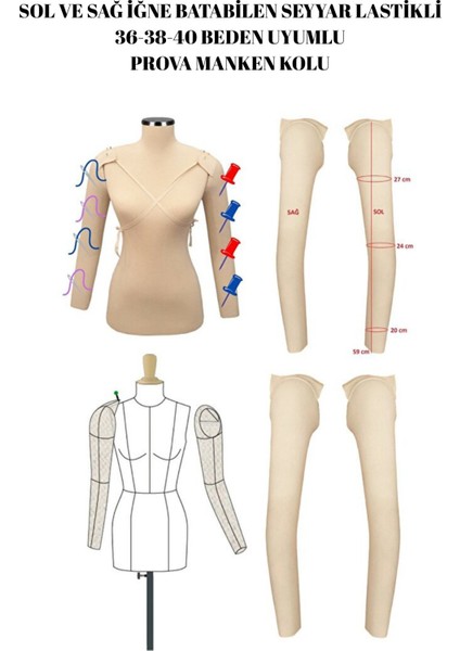Ayarlanabilir Seyyar Lastikli Iğne Batabilen 36-38-40 Beden Uyumlu Prova Mankeni Kolu