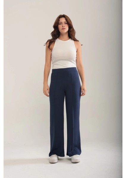 Kadın Lacivert Modal Bol Paça Çımalı Yüksek Bel Yumuşak Dokulu Beli Lastikli Likralı Pantolon