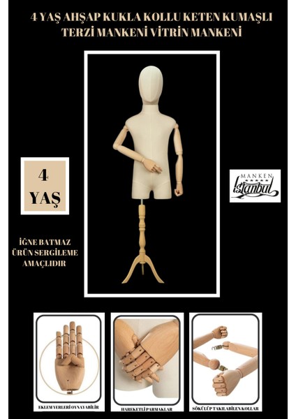 4 Yaş Keten Kumaşlı Ahşap Kollu Kumaş Kafalı Çocuk Terzi Mankeni Vitrin Mankeni