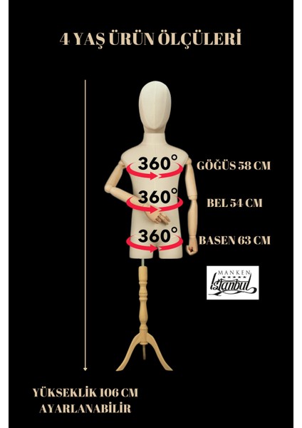 4 Yaş Keten Kumaşlı Ahşap Kollu Kumaş Kafalı Çocuk Terzi Mankeni Vitrin Mankeni fiyatları