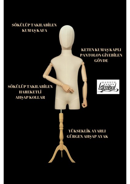 4 Yaş Keten Kumaşlı Ahşap Kollu Kumaş Kafalı Çocuk Terzi Mankeni Vitrin Mankeni modelleri