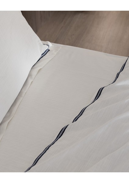 Tina King Size Linen Look Yıkamalı %100 Pamuk Nevresim Takımı - Beyaz/Lacivert
