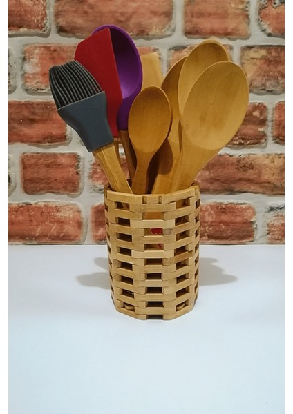 Yuvarlak Bambu Standlı - Bambu Saplı Silikon Kaşık Spatula Fırça- Ahşap Kaşık Seti-9 Parça