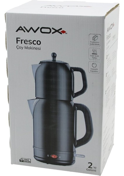 Awox Fresco Siyah Elektrikli Çay Makinesi Çaycı Set 1.7lt Su Isıtıcı + 1.2lt Demlik Paslanmaz Çelik Gövde 2200W (5263)