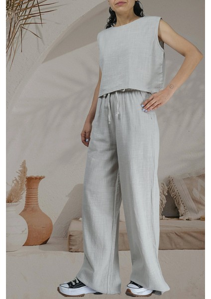 Breeze- Bağcık Detaylı Bol Paça Hafif Dokulu Yazlık Kadın Pantolon Gri