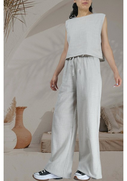 Breeze- Bağcık Detaylı Bol Paça Hafif Dokulu Yazlık Kadın Pantolon Gri fiyatları