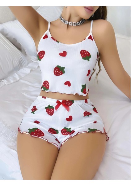 Kadın Beyaz Çilek Desenli Şortlu Pijama Takımı 5053 modelleri