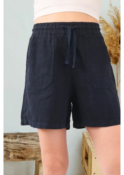 Verona Büyük Cepli %100 Keten Şort Lacivert