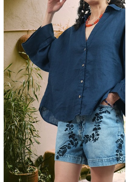 Purette %100 Keten Oversize Kadın Gömlek Lacivert