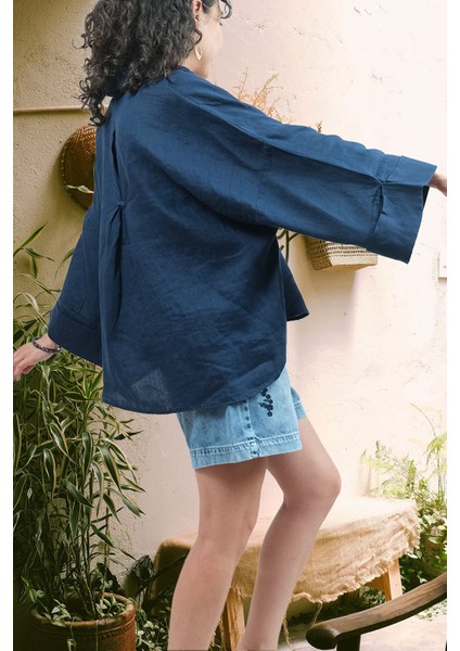 Purette %100 Keten Oversize Kadın Gömlek Lacivert fiyatları