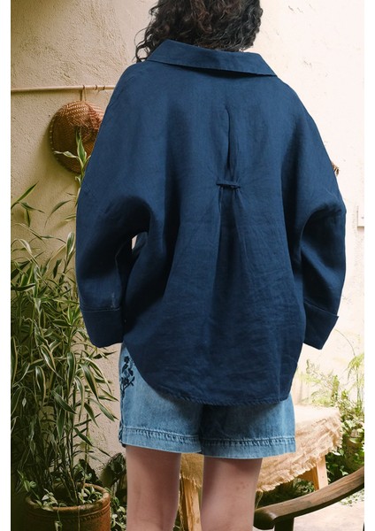 Purette %100 Keten Oversize Kadın Gömlek Lacivert fırsatları