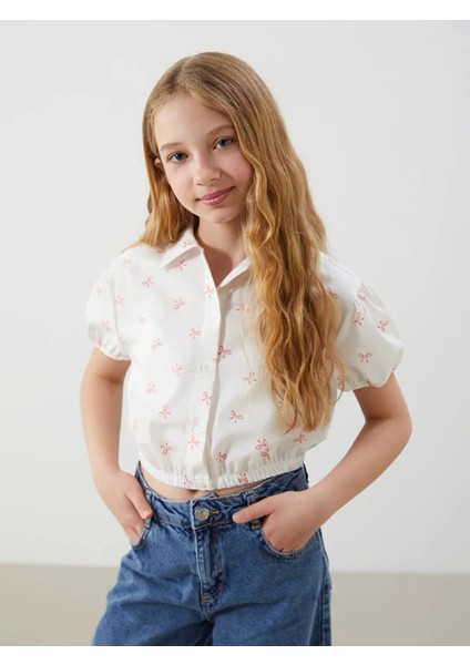 Lcw Kids Ekru Fiyonk Baskılı Kız Çocuk Crop Gömlek