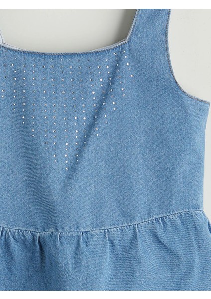Lcw Kids Indigo Kare Yaka Taşlı Kız Çocuk Jean Bluz modelleri
