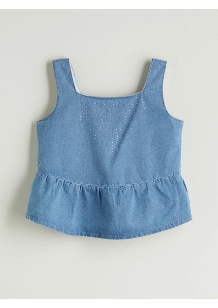 Lcw Kids Indigo Kare Yaka Taşlı Kız Çocuk Jean Bluz fırsatları