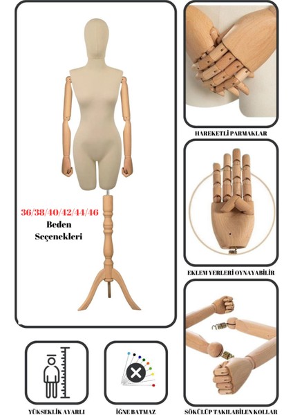 Kumaş Kafalı Ahşap Pinokyo Kollu Vitrin Mankeni Terzi Mankeni (36/46 Arası Beden Seçeneği)