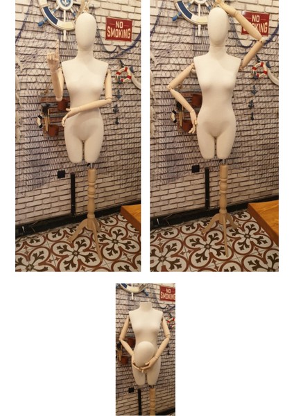 Kumaş Kafalı Ahşap Pinokyo Kollu Vitrin Mankeni Terzi Mankeni (36/46 Arası Beden Seçeneği) modelleri