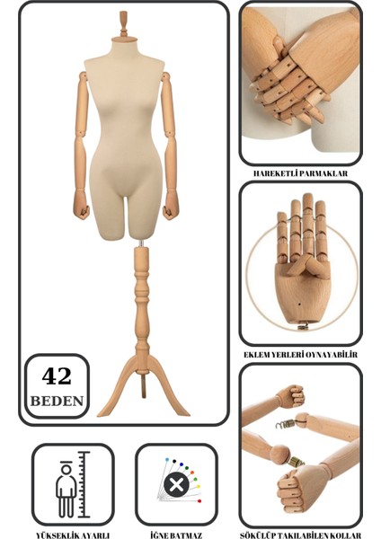 42 Beden Ahşap Kollu Iğne Batmaz Vitrin Amaçlı Terzi Mankeni Vitrin Mankeni Ham Kollu