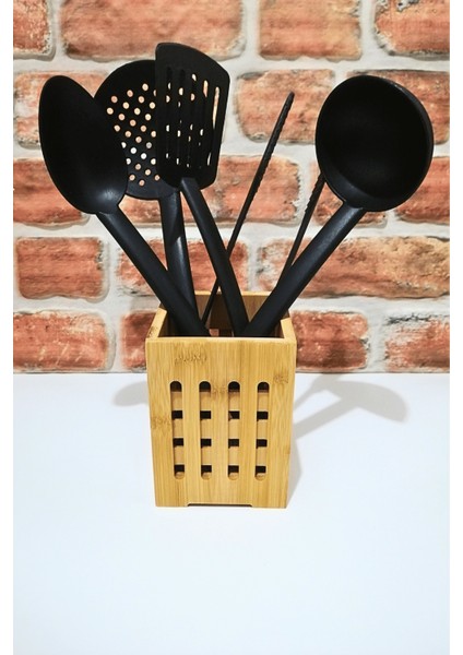 Kare Bambu Standlı Kepçe Kaşık Kevgir Maşa Spatula Teflon Servis Seti-6 Parça
