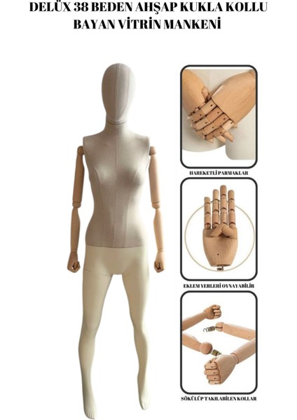 Delüx 38 Beden Ahşap Kollu Kumaş Kaplı Vitrin Mankeni Cansız Manken Taş Manken