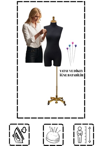 Pantolon Giyebilen 38 Beden Süngerli Terzi Mankeni Prova Mankeni Siyah Kumaş Tekerlek Ayaklı Pac-01