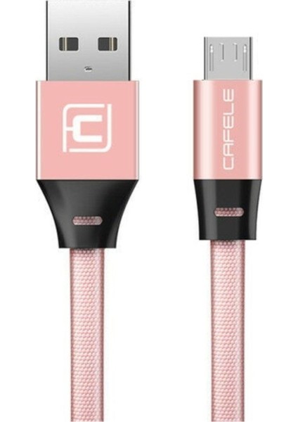 Micro USB Flat Fiber Örgülü 2.4A Şarj ve Data Kablosu-Pembe