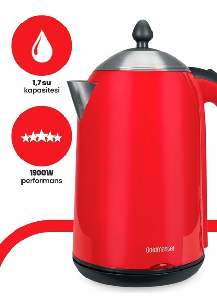 Kırmızı 1.7l Paslanmaz Çelik Su Isıtıcı, Güvenli ve Şık Tasarım fiyatları