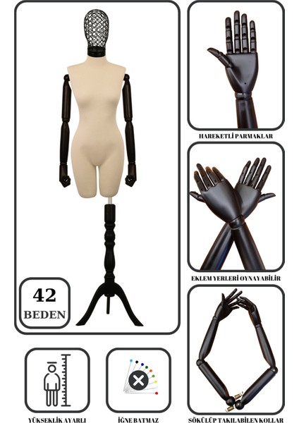 42 Beden Yüksek Kalite Tel Kafalı Ahşap Kollu Pantolon Giyebilen Terzi Mankeni