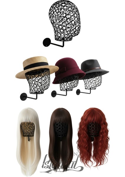 Duvara Monte Siyah Renk Tel Kafa Mankeni Şapka Mankeni Aksesuar Mankeni