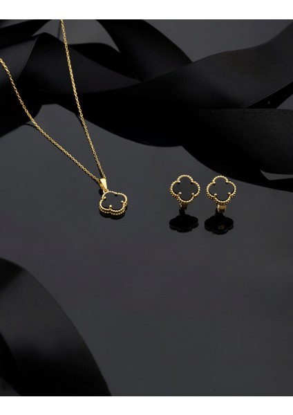 925 Ayar Oniks Taşlı Gold Yonca Kolye Küpe 2'li Gümüş Set-Takım