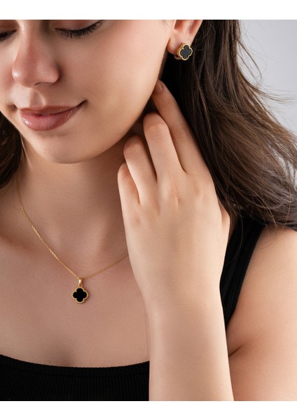 925 Ayar Oniks Taşlı Gold Yonca Kolye Küpe 2'li Gümüş Set-Takım fiyatları