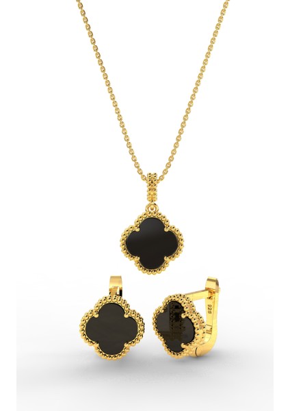 925 Ayar Oniks Taşlı Gold Yonca Kolye Küpe 2'li Gümüş Set-Takım modelleri