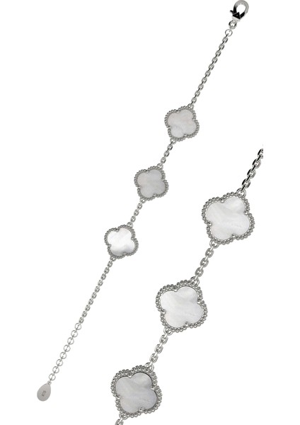 925 Ayar Beyaz Sedef Taşlı Rodyum Üçlü Yonca Gümüş Bileklik modelleri