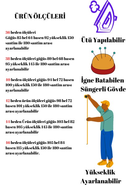 Süngerli Dik ve Yatay Iğne Batabilen 36 Beden ile 46 Beden Arası Terzi Mankeni Po-01 fiyatları