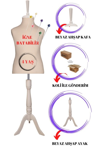 Çocuk Beyaz Kumaşlı Beyaz Üç Ayaklı 4 Yaş Terzi Mankeni Prova Mankeni Vitrin Mankeni fiyatları