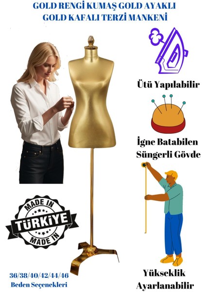 Şık ve Dayanıklı Tasarım- Gold Kumaş Gold Ayaklı Sünger Terzi Mankeni (36-38-40 Beden )