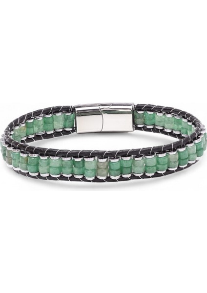 Yeşil Aventurin & Hematit Çelik Örgülü Deri Bileklik 31832B22D5