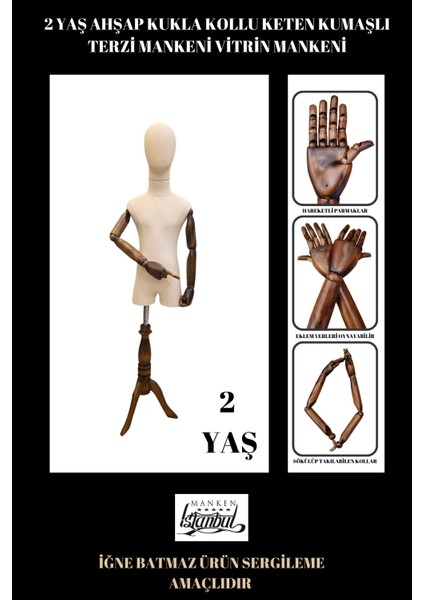 2 Yaş Keten Kumaşlı Ahşap Kollu Kumaş Kafalı Çocuk Terzi Mankeni Vitrin Mankeni