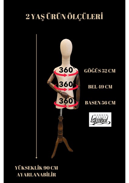 2 Yaş Keten Kumaşlı Ahşap Kollu Kumaş Kafalı Çocuk Terzi Mankeni Vitrin Mankeni fiyatları