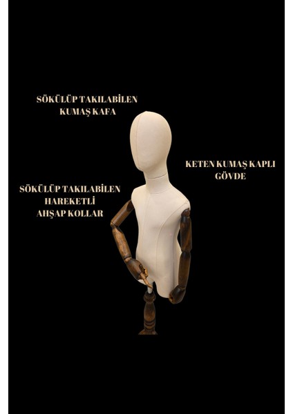 2 Yaş Keten Kumaşlı Ahşap Kollu Kumaş Kafalı Çocuk Terzi Mankeni Vitrin Mankeni modelleri