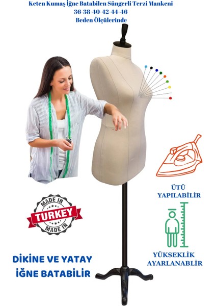 Keten Kumaş Süngerli Iğne Batabilen Prova Mankeni Terzi Mankeni Ket-01