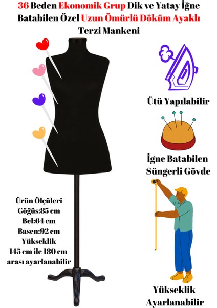 Süngerli Uzun Ömürlü Döküm Ayaklı Terzi Mankeni 36-38-42-44-44-46 Beden Seçenekleri